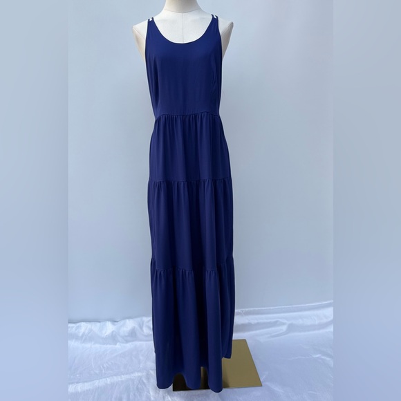LOFT Tiered Criss Cross Back Colbat Blue Sleeveless Maxi Dress Size 4 - Picture 1 of 11